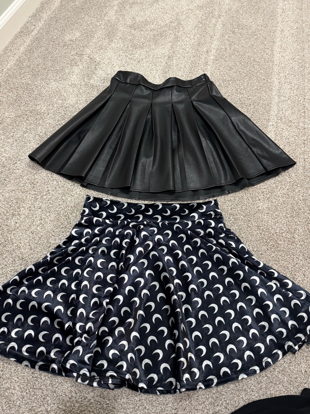 Black Faux Leather Pleated Skirt and Navy Moon Skirt bundle